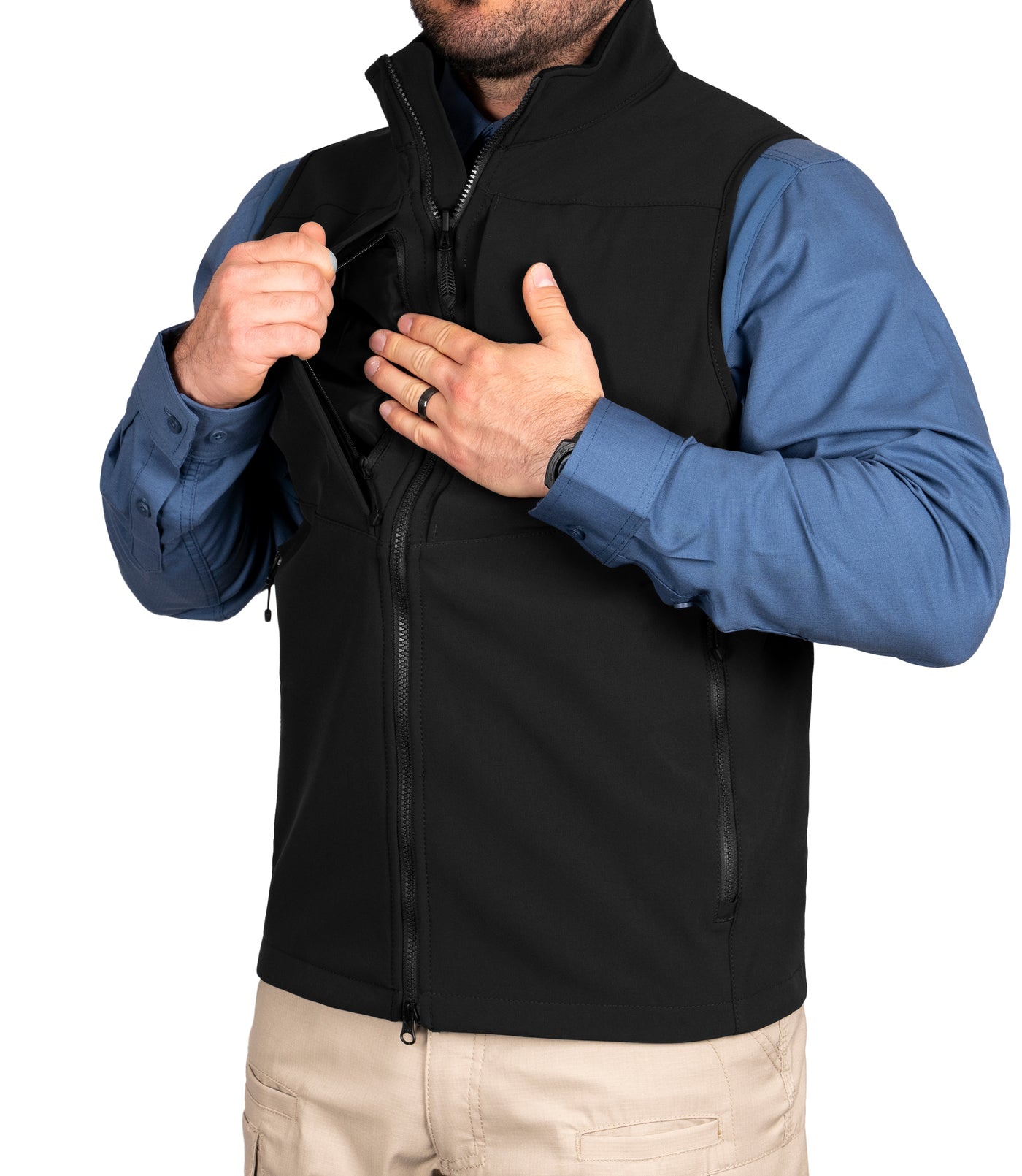 Hidden Document Pocket on Men's Tactix Softshell Vest in Black