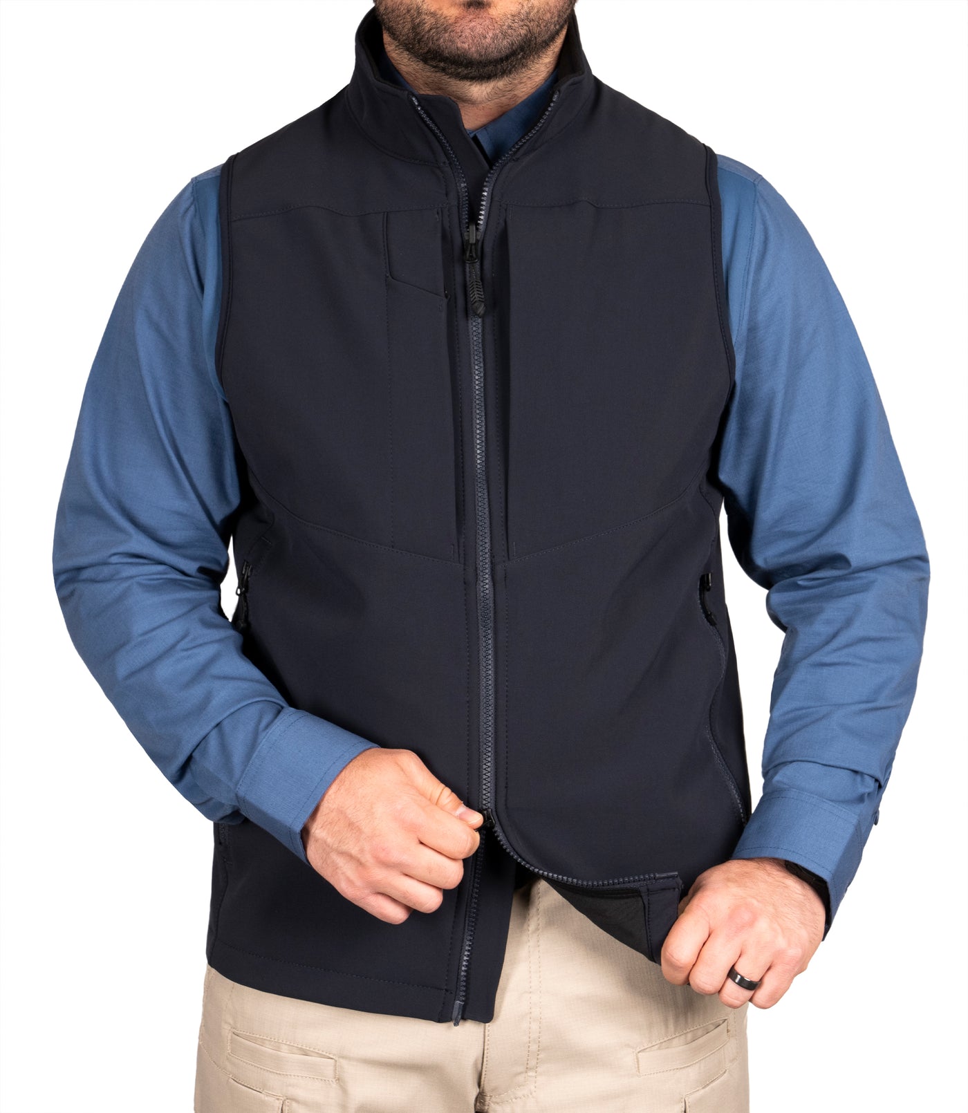 Zipper Closure on Tactix Softshell Vest in Midnight Navy