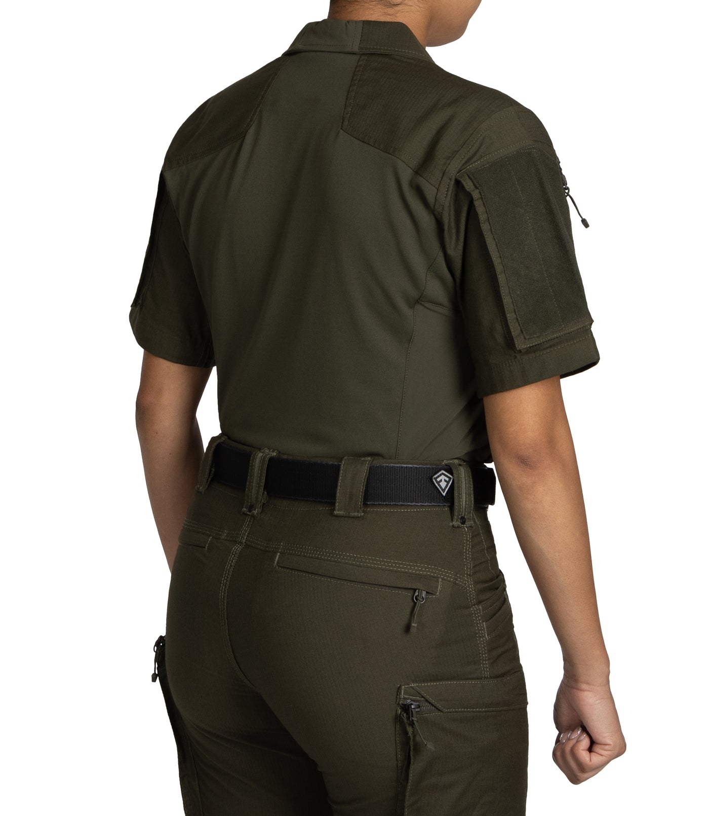 Back Side of Women's Defender Short Sleeve Shirt in OD Green