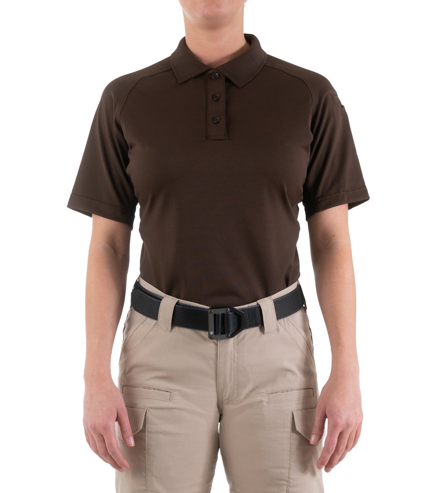 Front of Women's Performance Short Sleeve Polo in Kodiak Brown