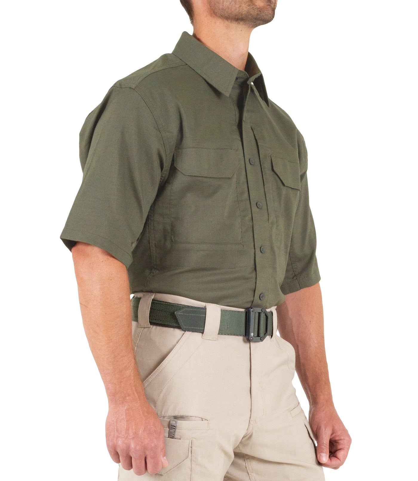 Side of Men's V2 Tactical Short Sleeve Shirt in OD Green