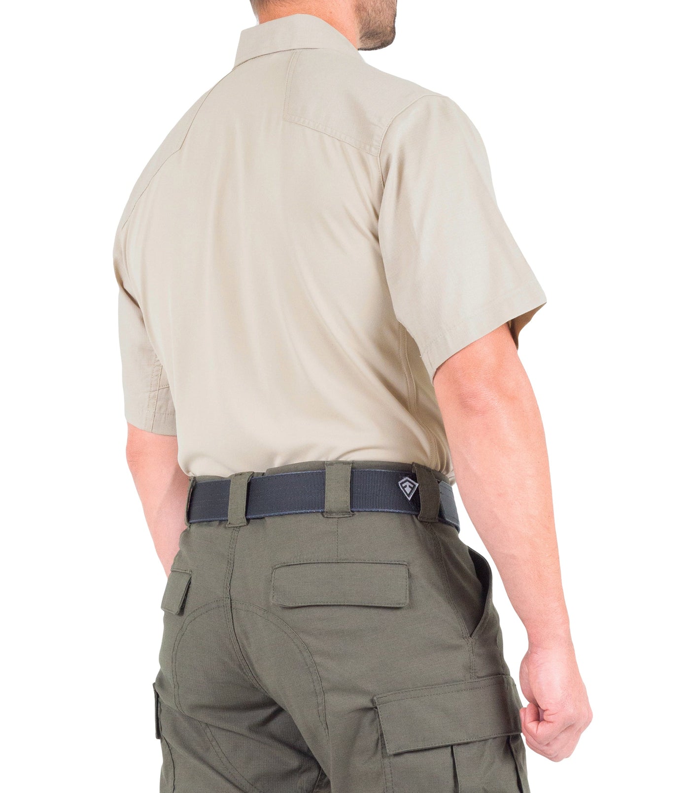 Side of Men's V2 Pro Performance Short Sleeve Shirt in Khaki