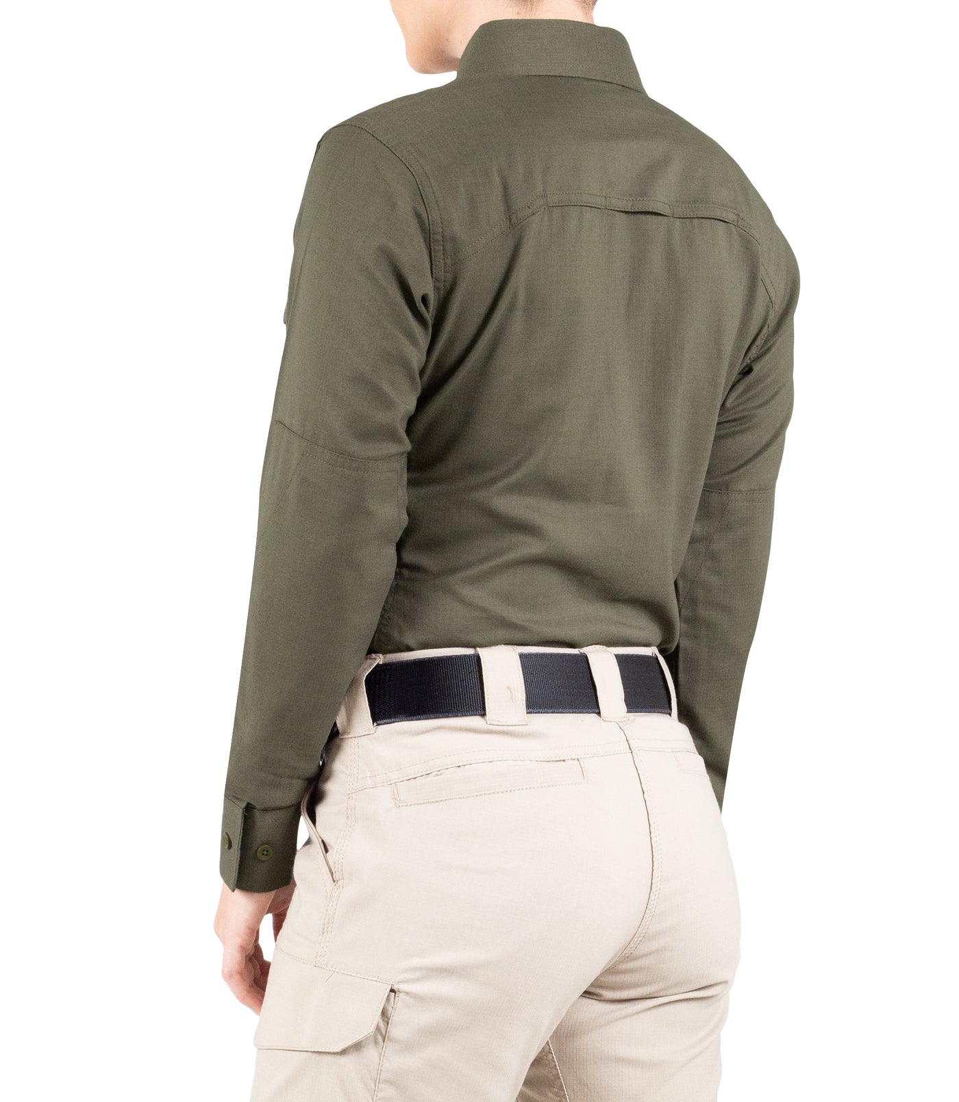 Side of Women's V2 Tactical Long Sleeve Shirt in OD Green