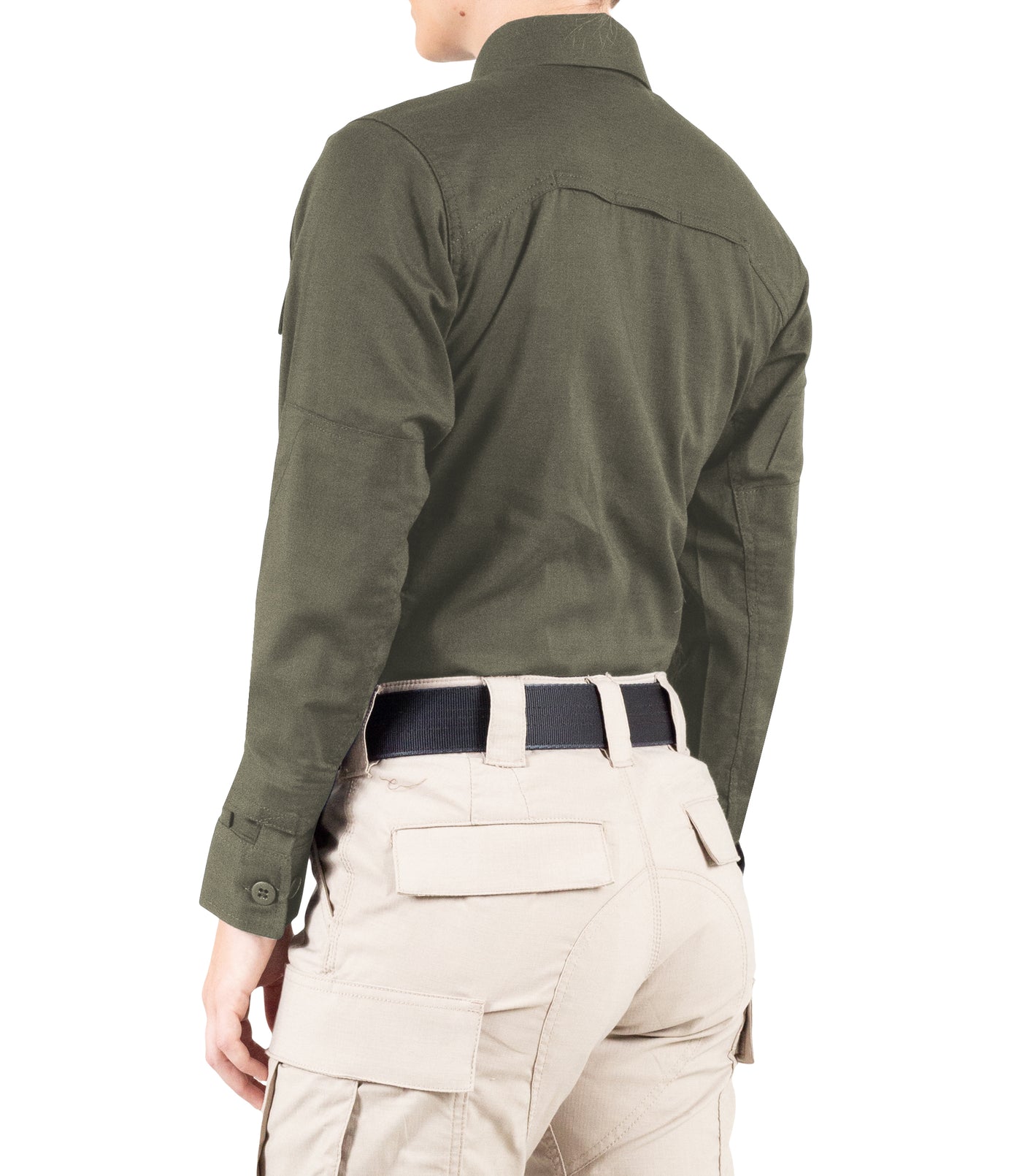 Side of Women's V2 BDU Long Sleeve Shirt in OD Green