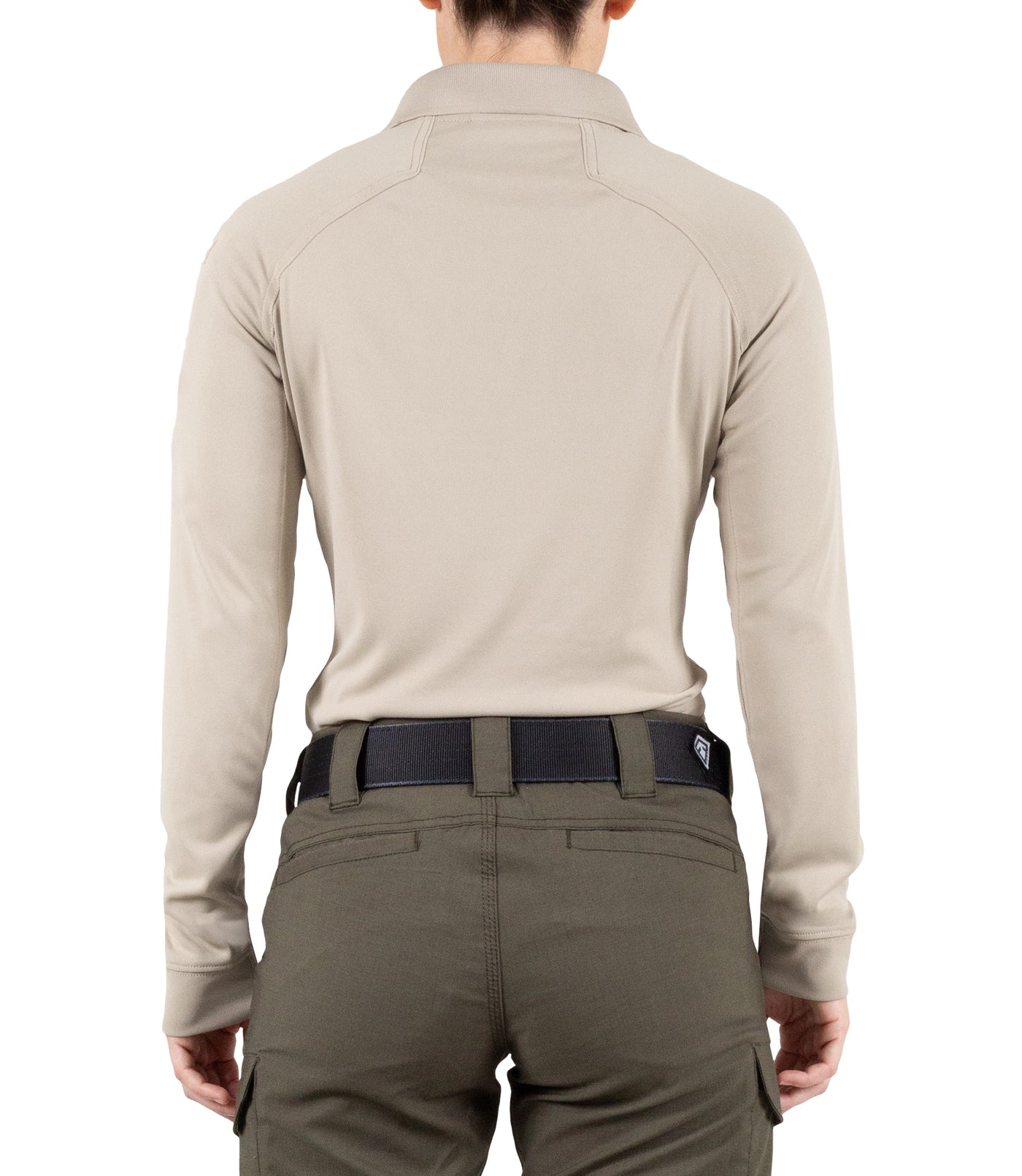 Back of Women's Performance Long Sleeve Polo in Khaki