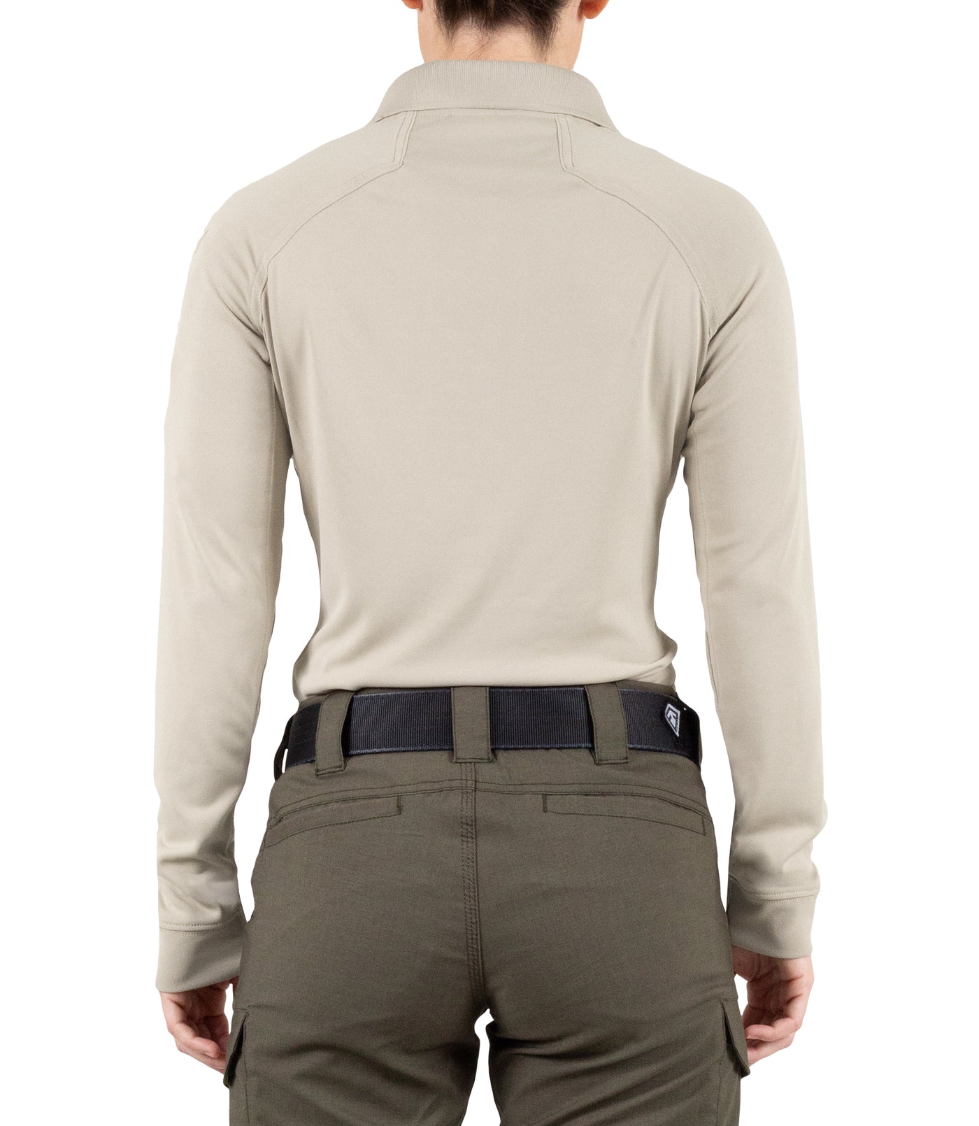 Back of Women's Performance Long Sleeve Polo in Silver Tan