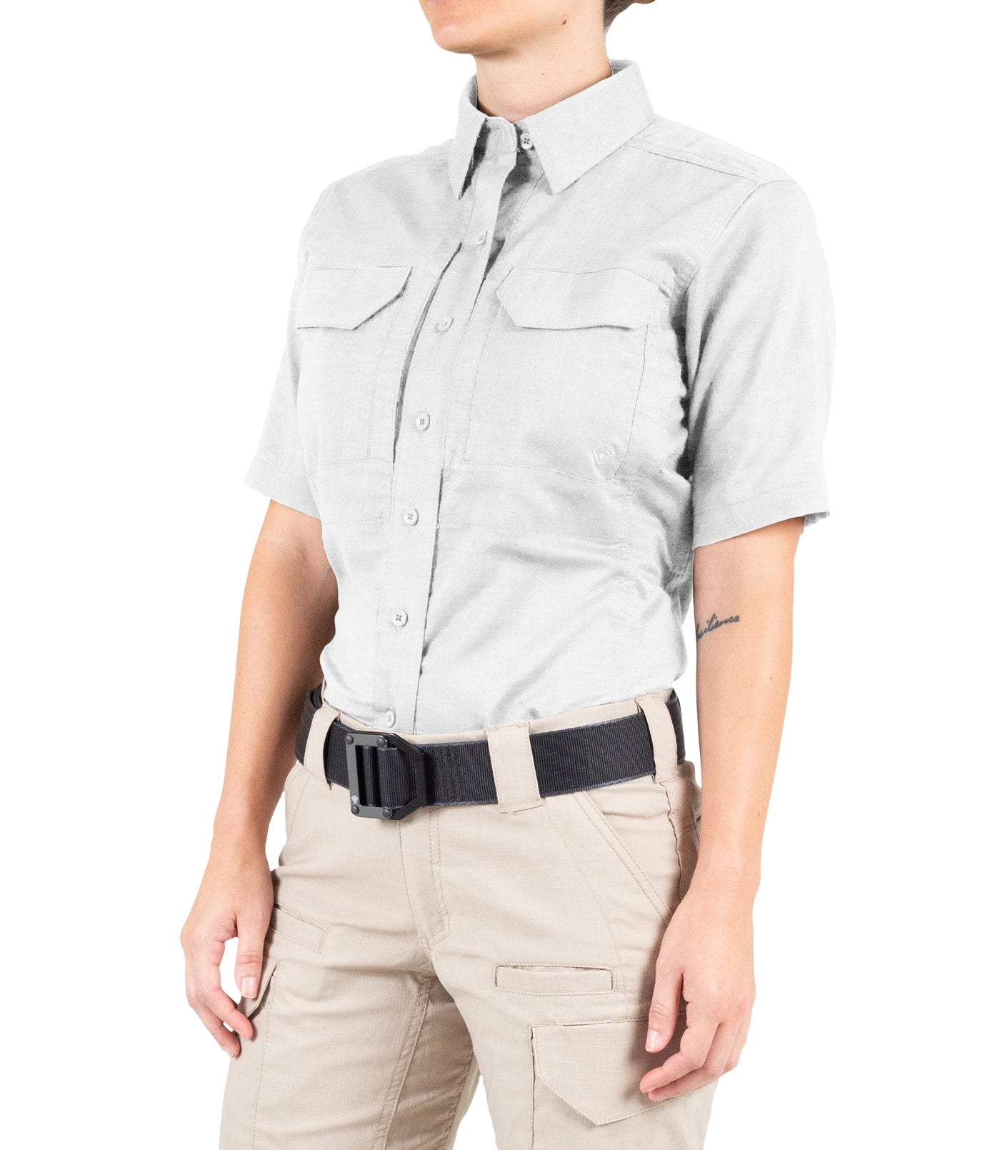 Side of Women's V2 Tactical Short Sleeve Shirt in White