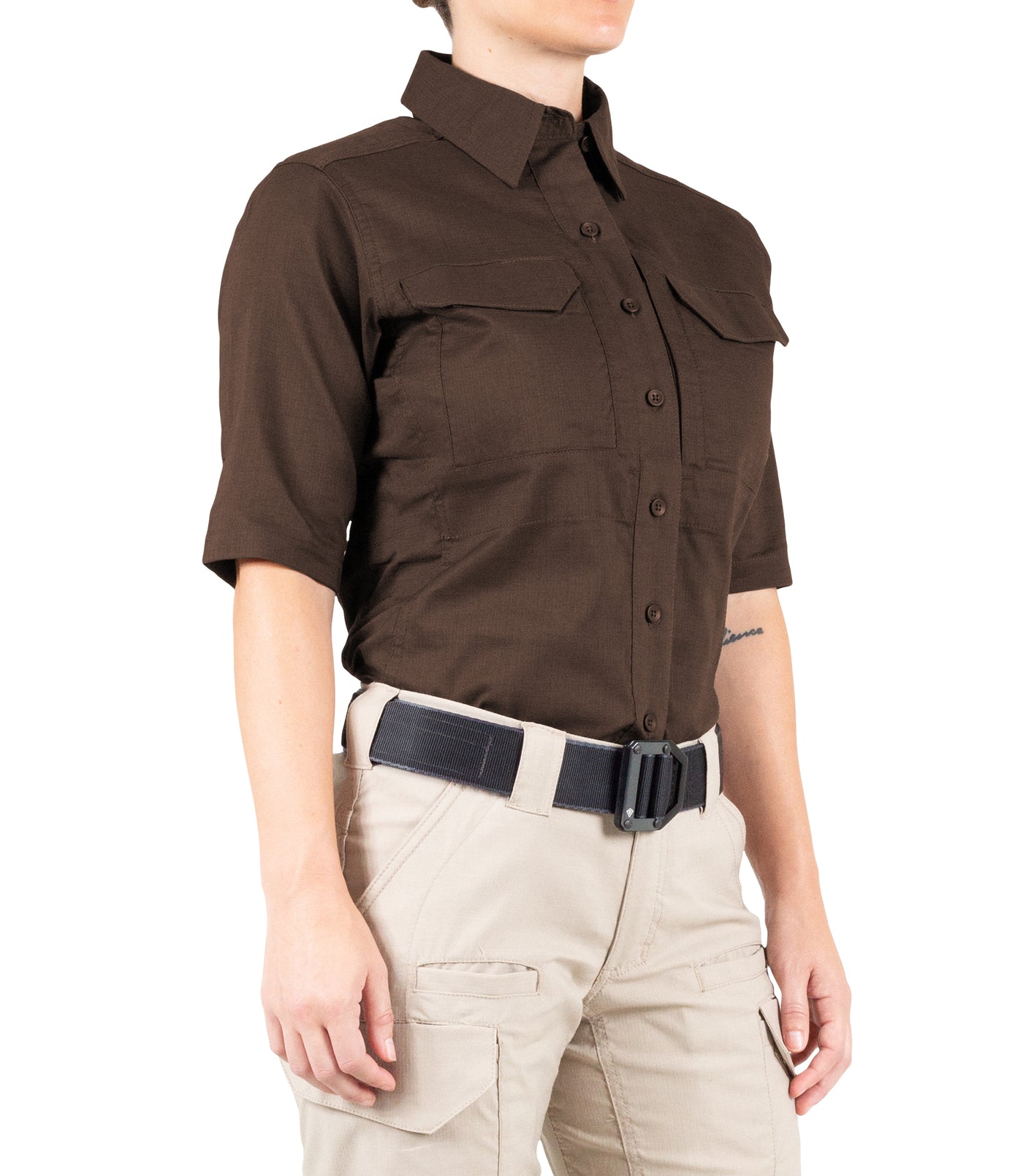 Side of Women's V2 Tactical Short Sleeve Shirt in Brown