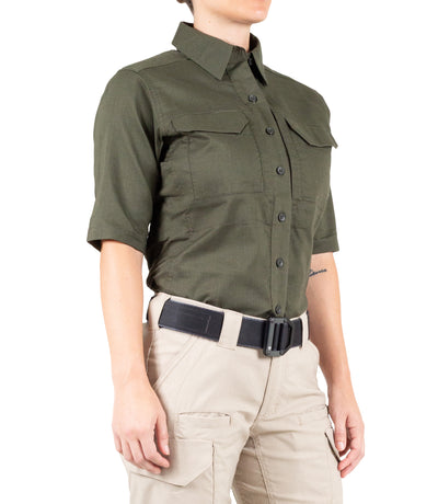 Side of Women's V2 Tactical Short Sleeve Shirt in OD Green