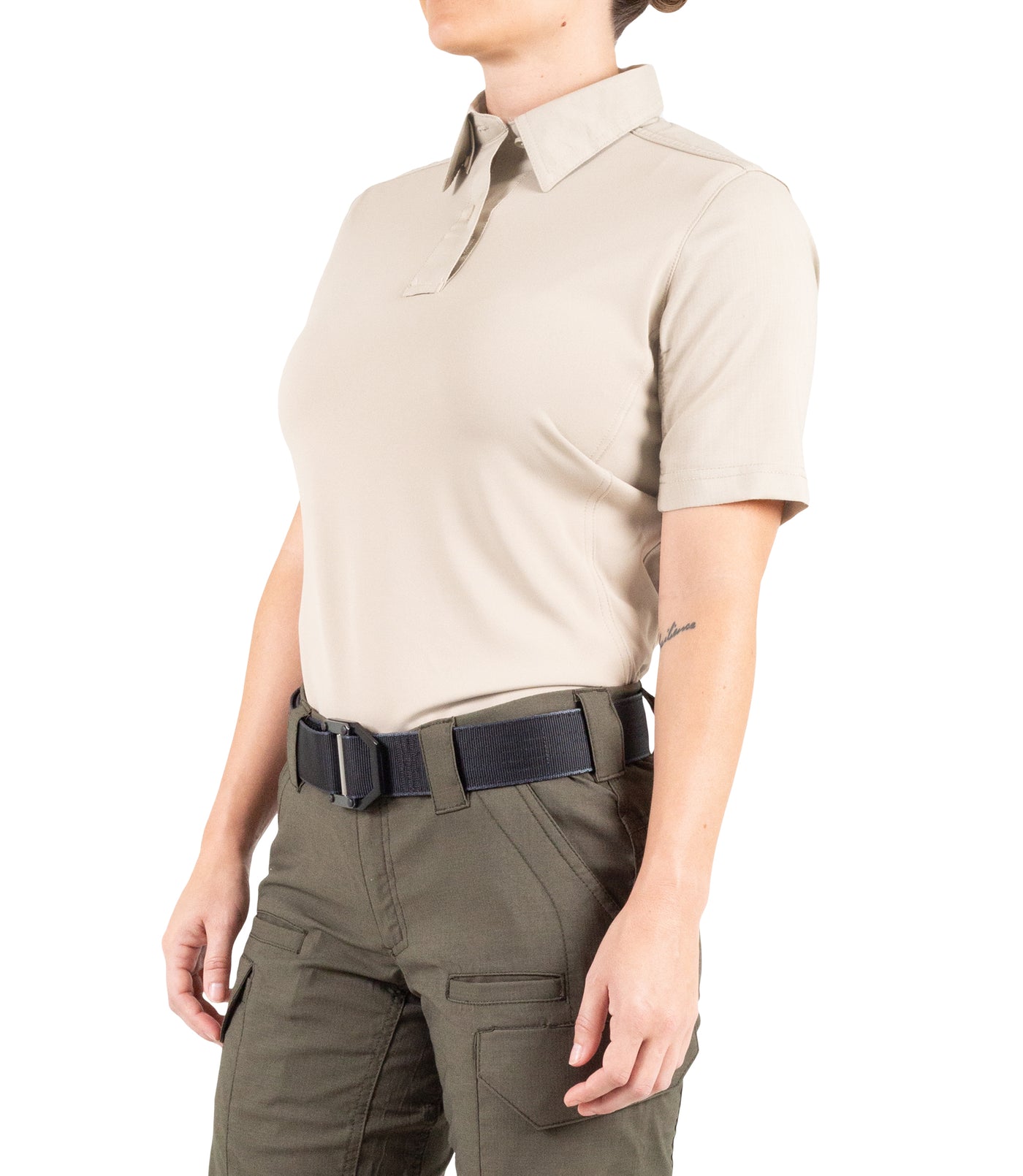 Side of Women's V2 Pro Performance Short Sleeve Shirt in Khaki