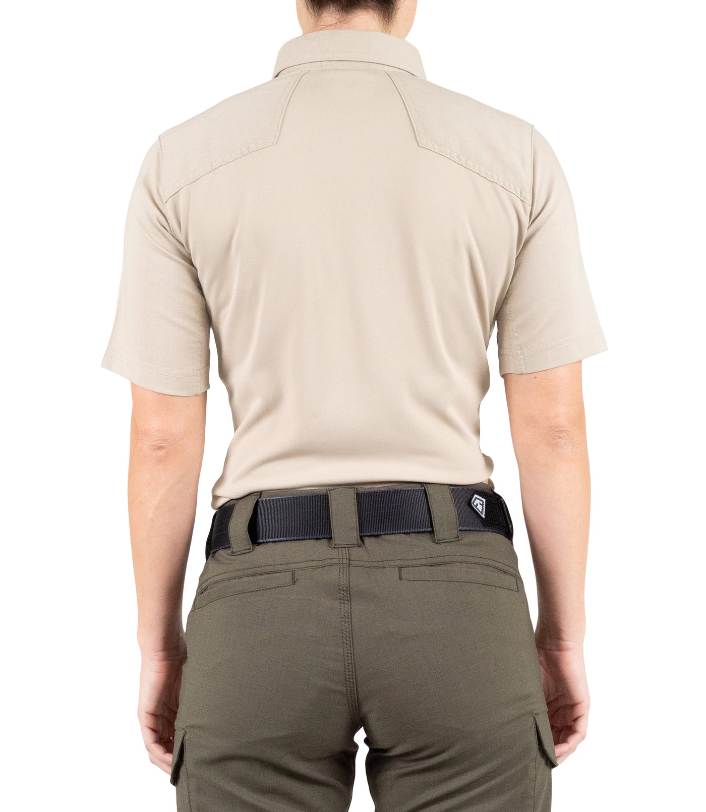 Back of Women's V2 Pro Performance Short Sleeve Shirt in Khaki