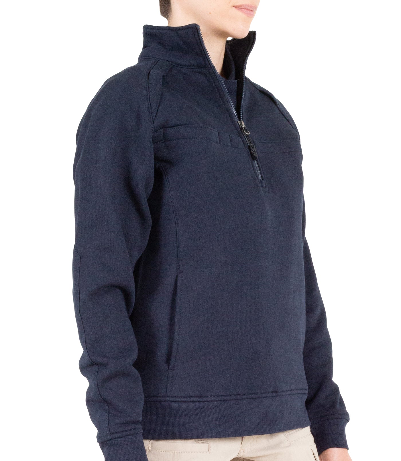 Side of Women’s Cotton Job Shirt Quarter Zip in Midnight Navy